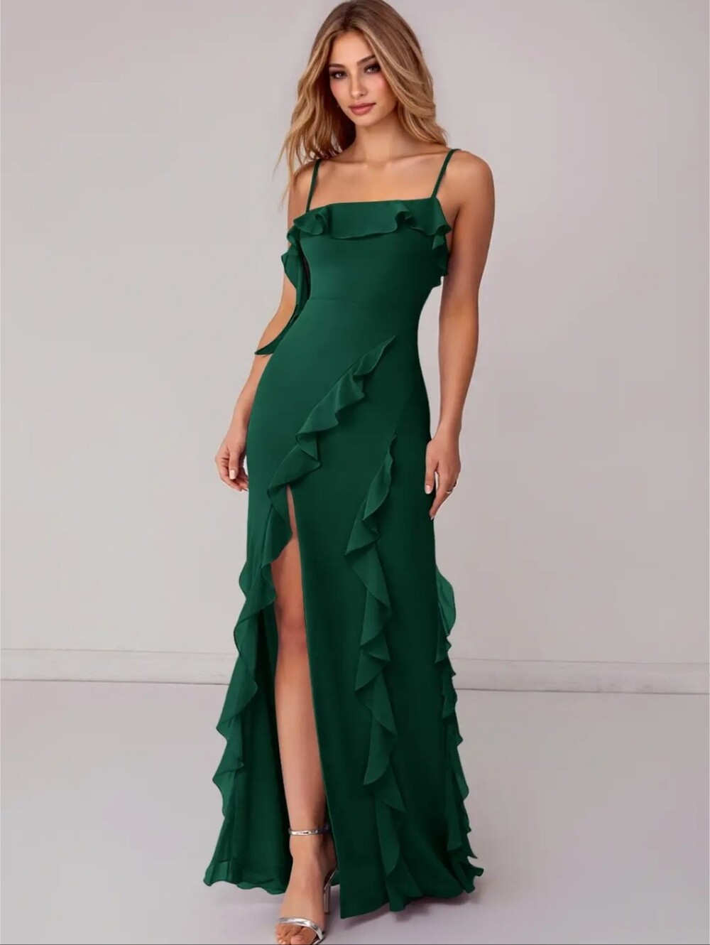 Azazie × Barbie Women's Malia Emerald Green Chiffon Ruffle Bridesmaid Dress.